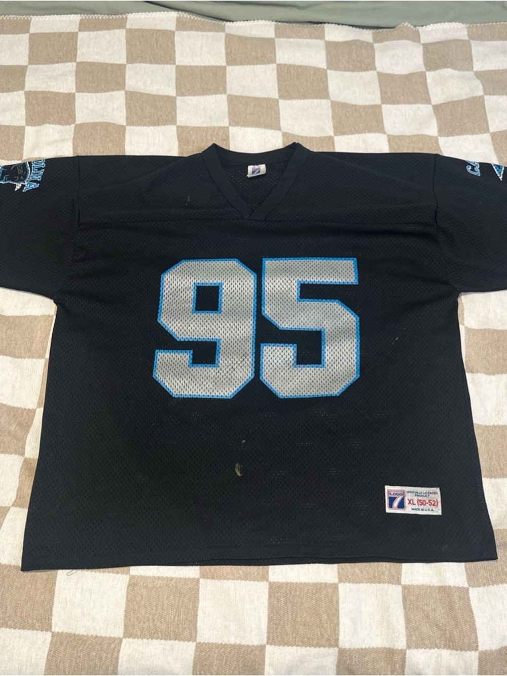 Vtg Carolina Panthers Black Football Jersey with Blue-Outlined Silver 95